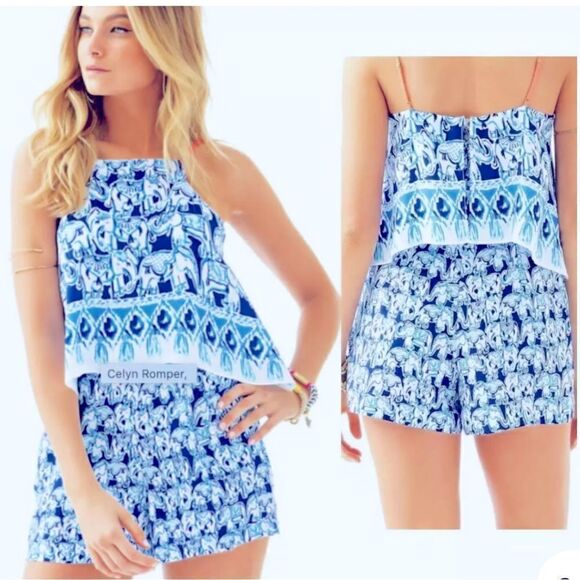 Lilly Pulitzer Celine Romper Bomber Blue Elephants